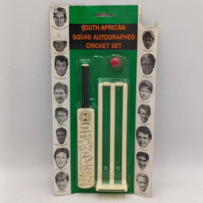 Vintage South African Squad Autographed Cricket set with mini bat, ball and wickets - Hansie's face is torn out