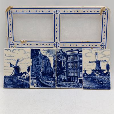 Lot of 4 vintage Delft porcelain Dutch themed tiles