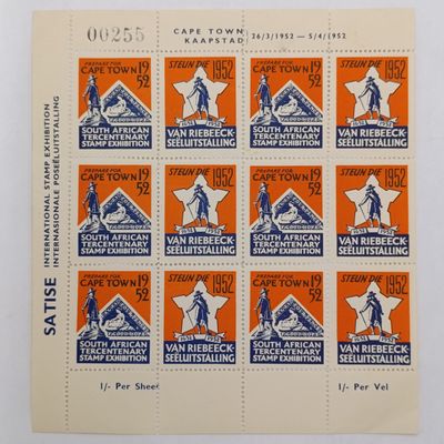 South Africa 1952 sheet of 12 Van Ribeeck Stamnp exhibition cinderellas