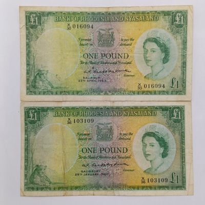 Rhodesia and Nyasaland Pair of one pound banknotes - 23 April 1959 (rim tear) and 29 January 1960 Fine
