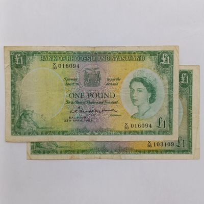 Rhodesia and Nyasaland Pair of one pound banknotes - 23 April 1959 (rim tear) and 29 January 1960 Fine
