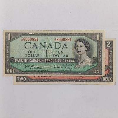 1954 Canada Pair of banknotes one dollar and 2 dollar