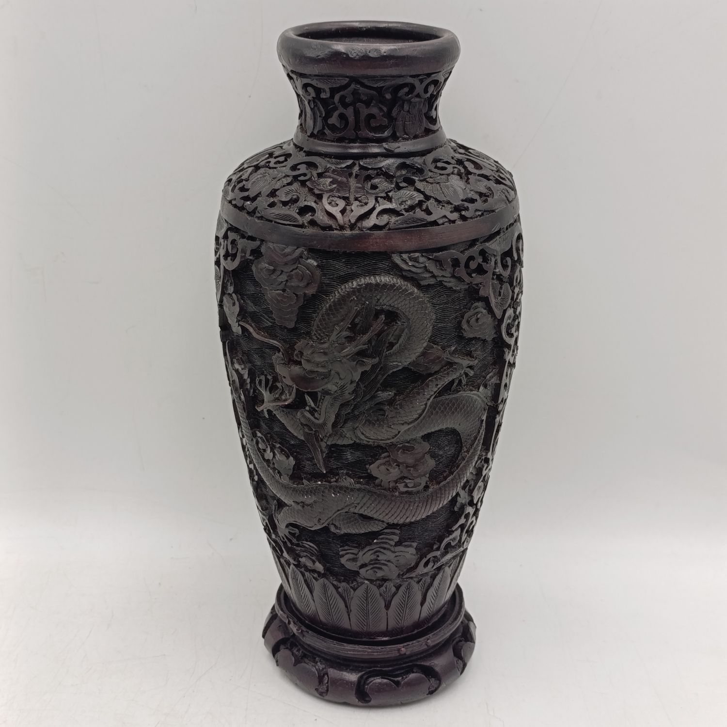 Vintage Oriental Cinnabar style vase with dragons - height 23cm