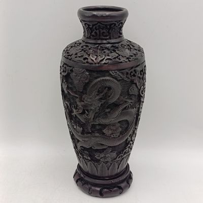 Vintage Oriental Cinnabar style vase with dragons - height 23cm