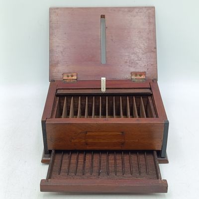 Antique wooden cigarette dispenser box with drawer