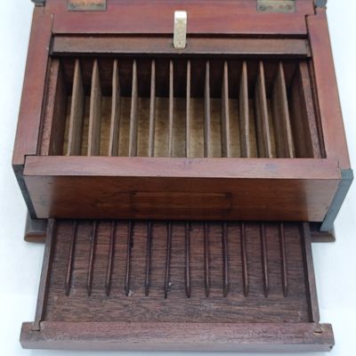 Antique wooden cigarette dispenser box with drawer