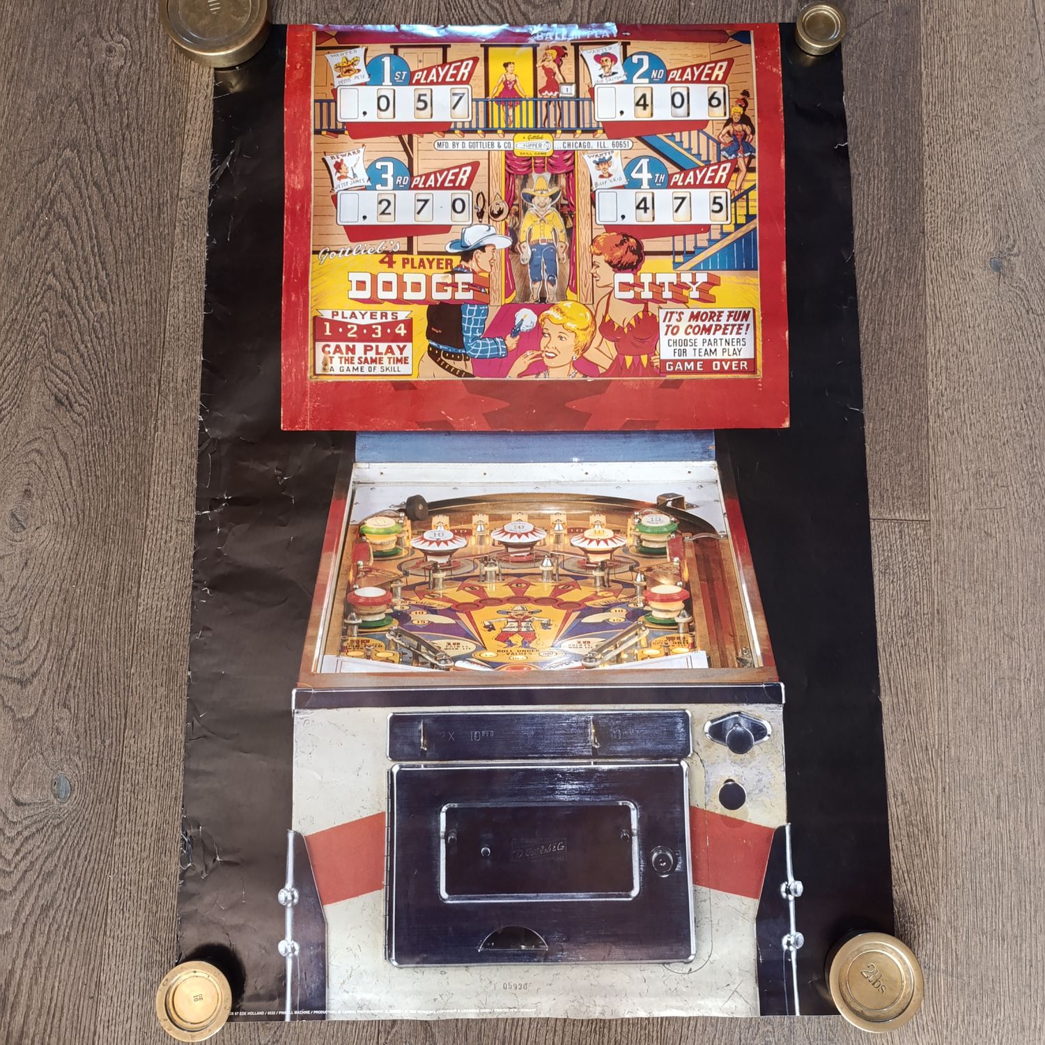 Original 1985 retail poster of the 1965 Gottlieb Dodge city pinball game