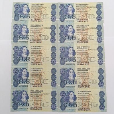 CL Stals lot of 10 South Africa R2 banknotes AA series UNC consecutive