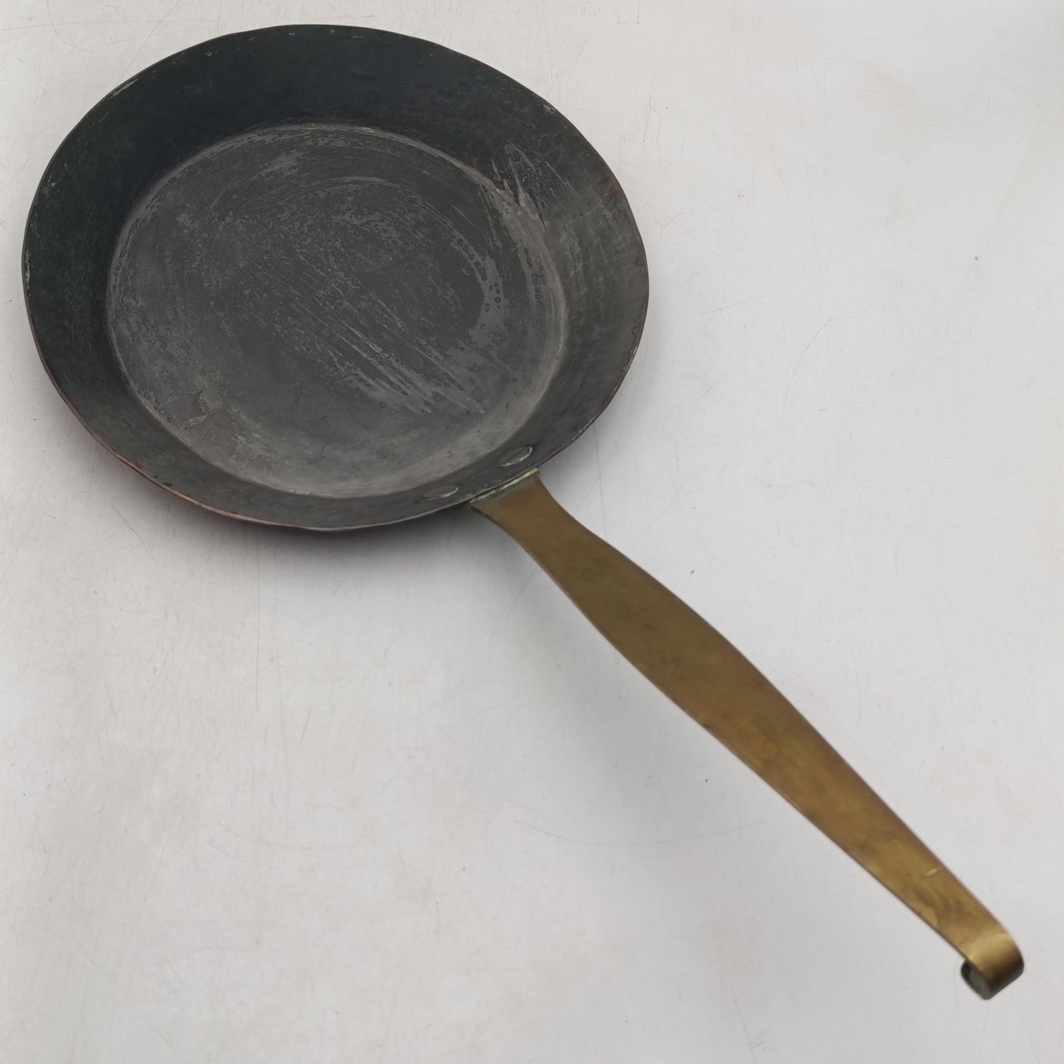 Antique copper tin lined frying pan with long brass handle