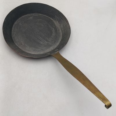 Antique copper tin lined frying pan with long brass handle