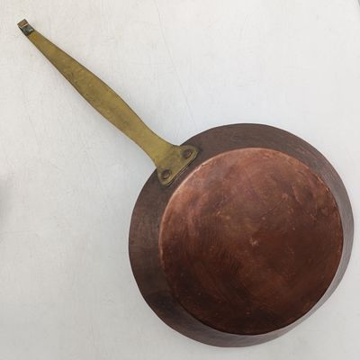Antique copper tin lined frying pan with long brass handle
