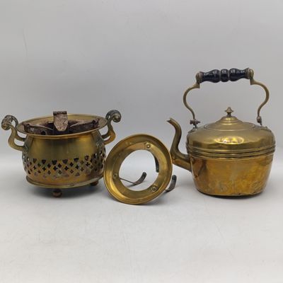 Antique Brass Kettle with warming stove - Kettle marked with an S