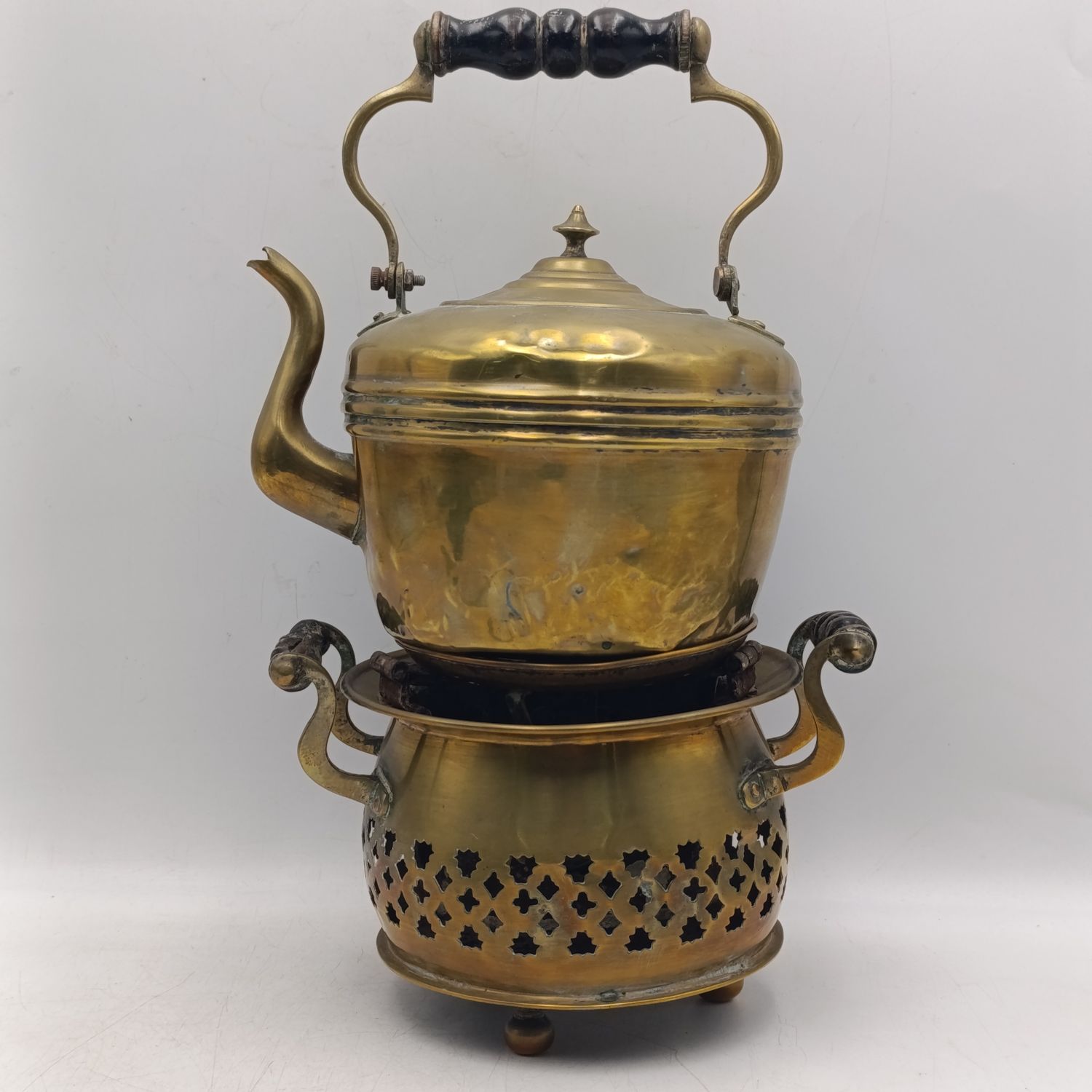 Antique Brass Kettle with warming stove - Kettle marked with an S