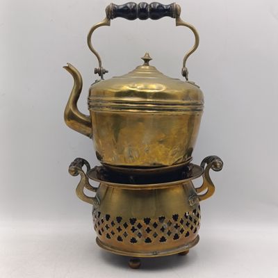Antique Brass Kettle with warming stove - Kettle marked with an S
