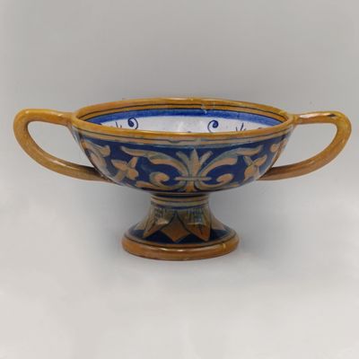 Antique double handle soup bowl from Castello, Italy Majolica Style