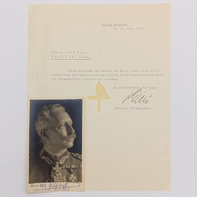 Signed photograph of Emperor Wilhelm II 28 June 1939 from Haus Doorn - His residence in Exile with official letter - sent to Mrs E Gartze Kiribib, SWA - Letter signed by the court marshall