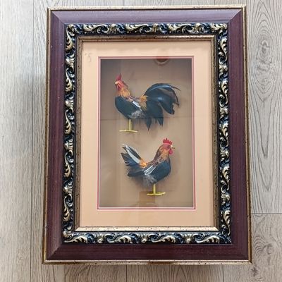 Pair of boxed framed cockerels - made from feathers