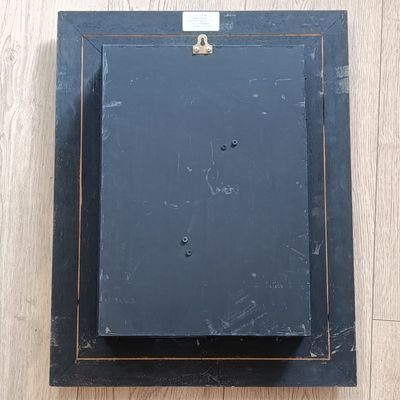 Pair of boxed framed cockerels - made from feathers