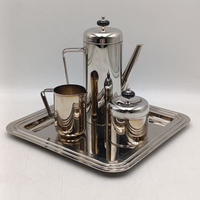 Art Deco style silver colour coffee set with tray, coffee pot, milk jug and sugar bowl