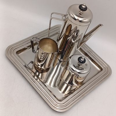 Art Deco style silver colour coffee set with tray, coffee pot, milk jug and sugar bowl