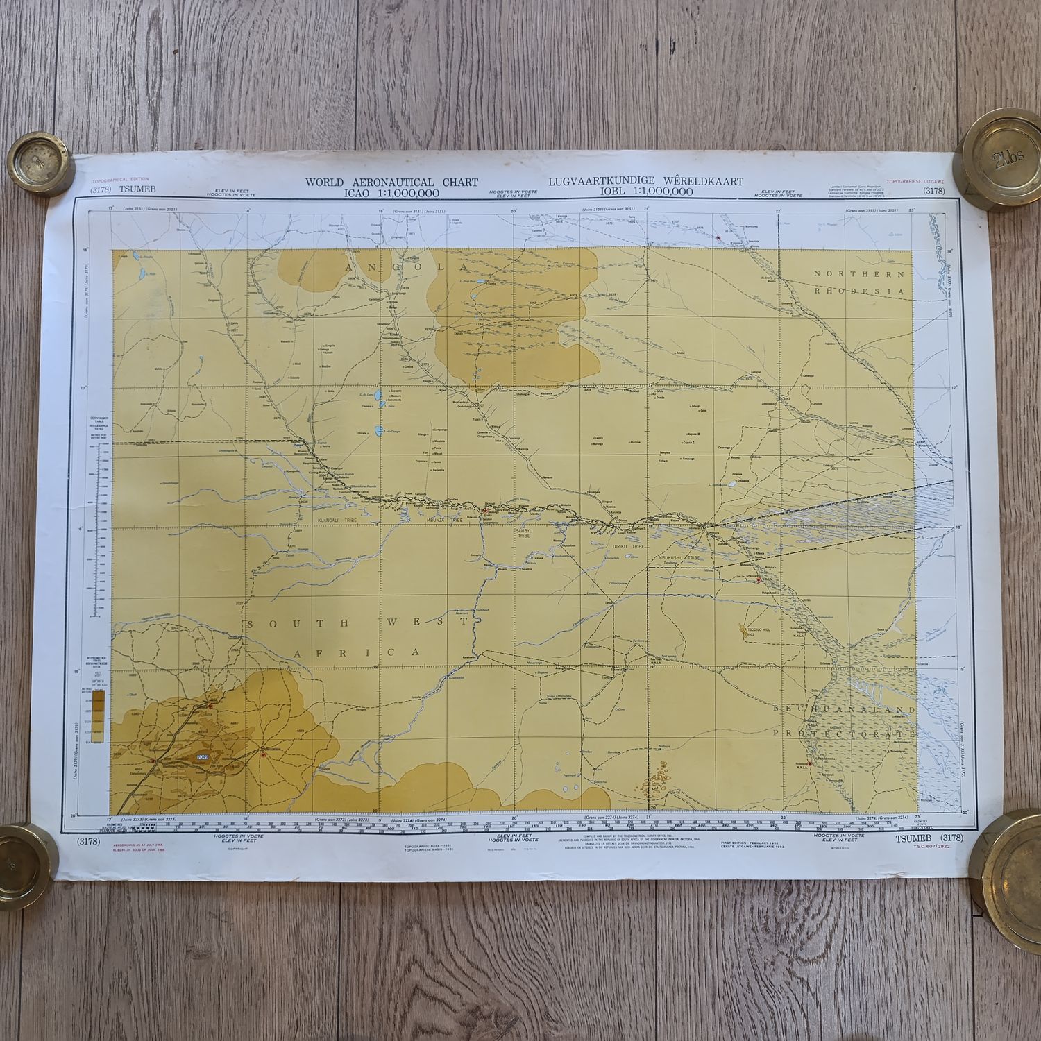 1966 reprint of 1951 Aeronautical chart map of Tsumeb South West Africa