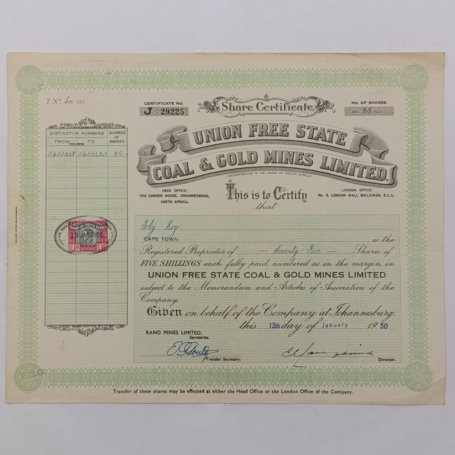 Share Certificate 1950 in Union Free State Coal and Gold Mines in favour of Toby Roy