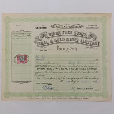 Share Certificate 1950 in Union Free State Coal and Gold Mines in favour of Toby Roy