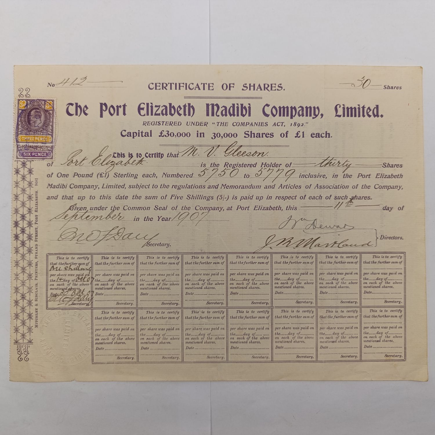 1907 Share Certificate in The port Elizabeth Madibi Company to MV Gleeson
