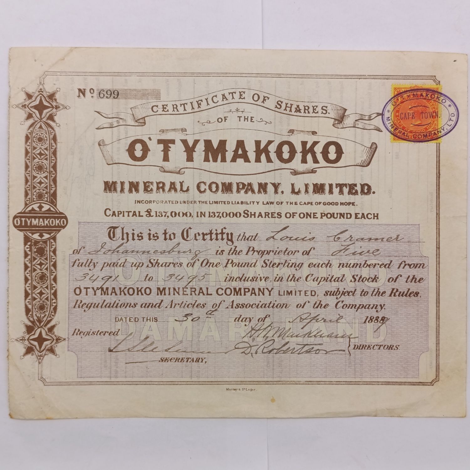 1889 Share Certificate in OTYMAKOKO Mineral company to Louis Cramer