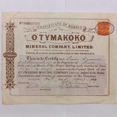 1889 Share Certificate in OTYMAKOKO Mineral company to Louis Cramer