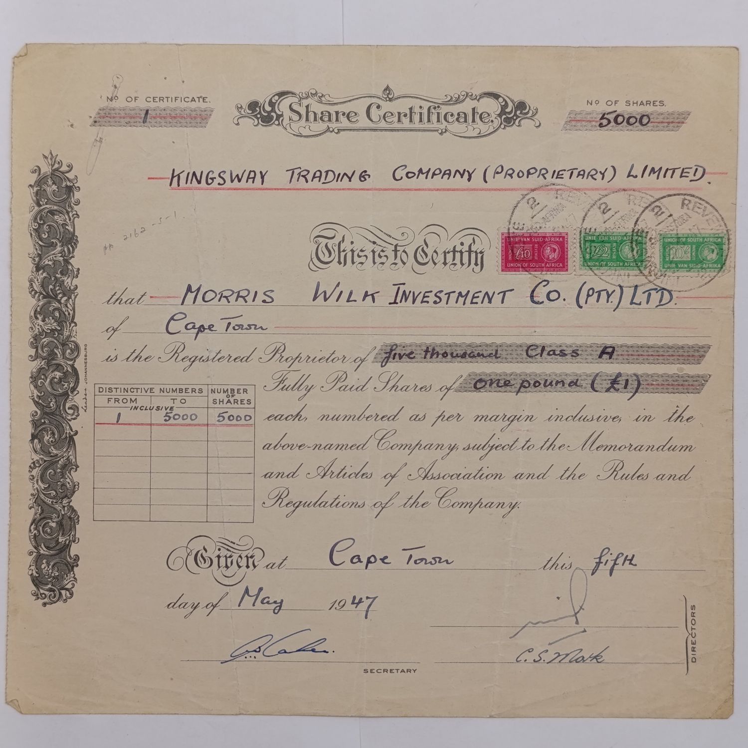 1947 Share certificate for Kingsway Trading company in favour of Morris Wilk Investment co.