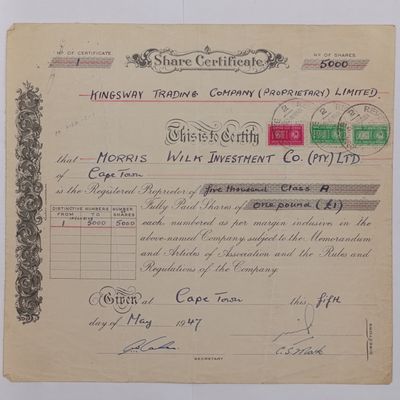 1947 Share certificate for Kingsway Trading company in favour of Morris Wilk Investment co.