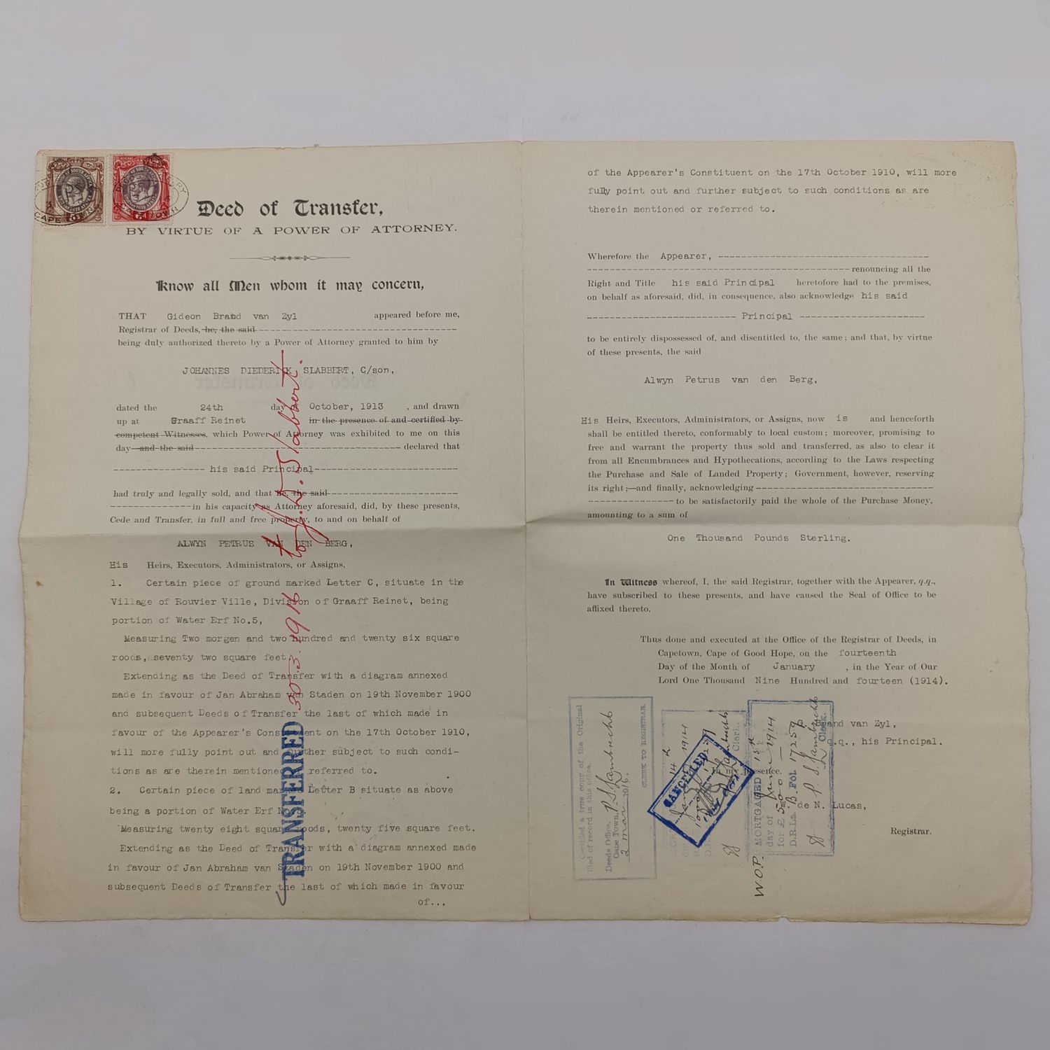 1913 Deed of Transfer - Slabbert to Van den Berg - Small Holding in Rouvier Ville, Graaff Reinet for 1000 pounds