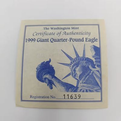 1999 USA 4oz fine silver Gaint Quarter-pound eagle $100 coin in box with certificate