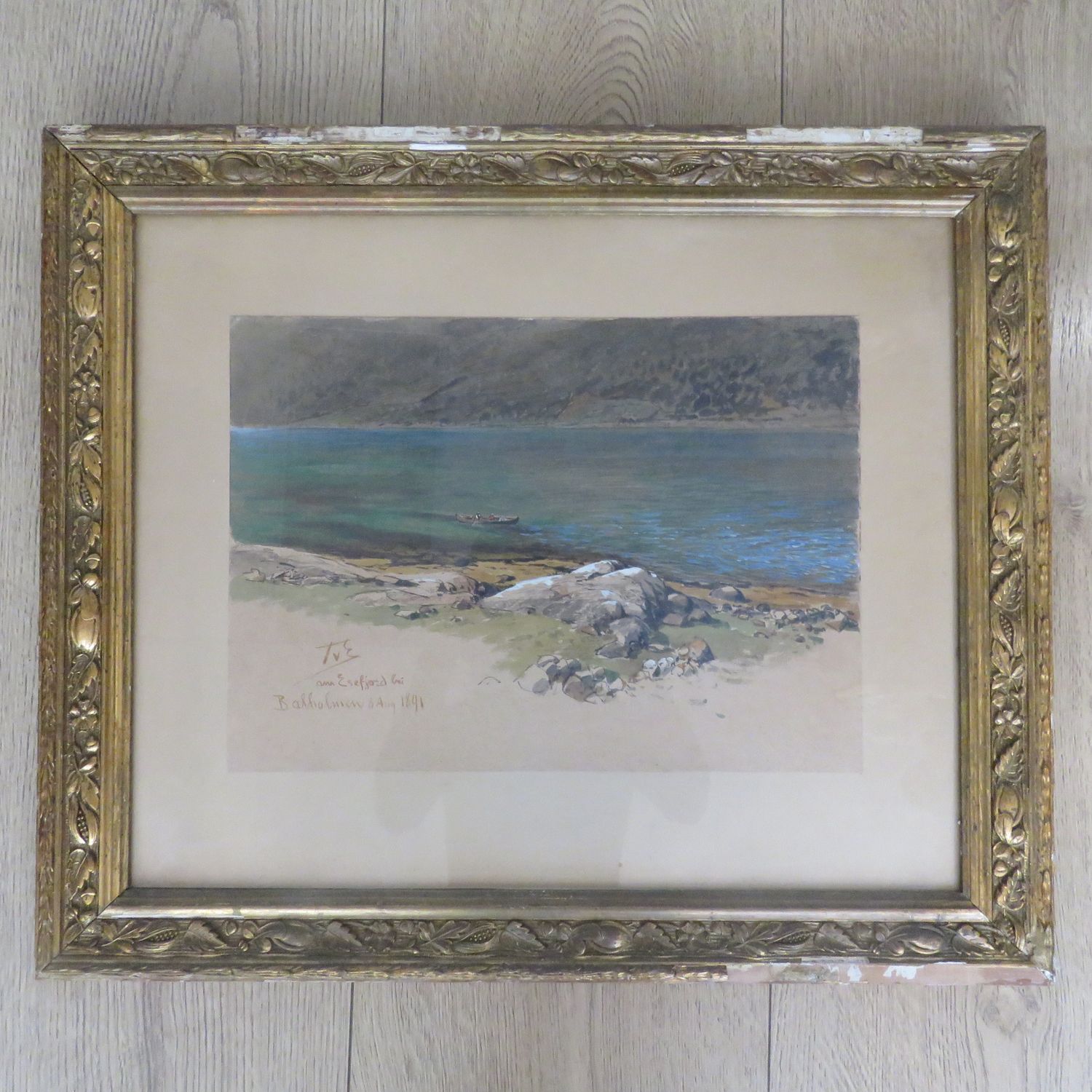 Antique painting by Themistokles von Eckenbrecher of fishing boat on water - dated 8 Aug 1891