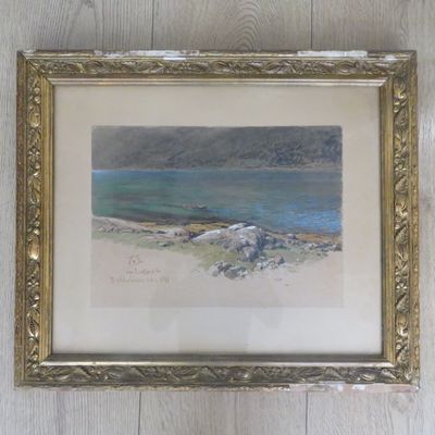 Antique painting by Themistokles von Eckenbrecher of fishing boat on water - dated 8 Aug 1891