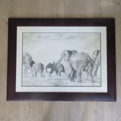 Large pencil sketch of elephants in frame by Mbongeni Isaac