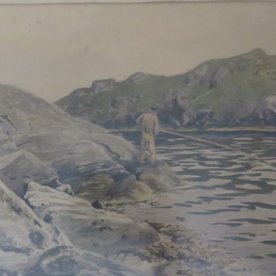 Antique painting by Themistokles von Eckenbrecher of man fishing on rocks - dated 19 July 1877