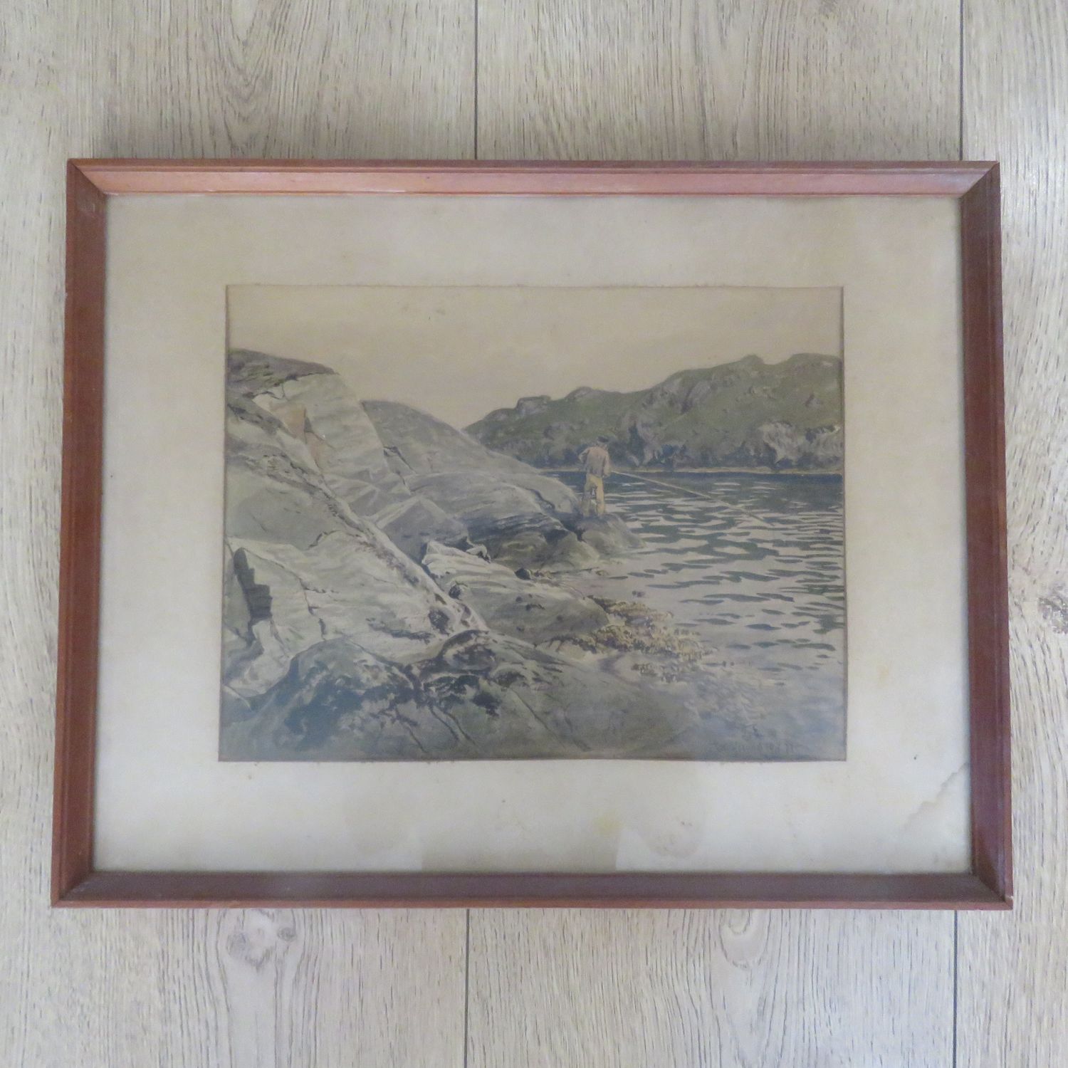 Antique painting by Themistokles von Eckenbrecher of man fishing on rocks - dated 19 July 1877