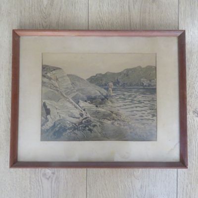 Antique painting by Themistokles von Eckenbrecher of man fishing on rocks - dated 19 July 1877