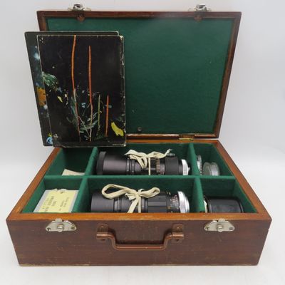 Vintage wooden case with 2 lenses for Pentax cameras including lens filters and extensions - Cunor telephoto 1:3.5 F=200mm lens and Cunor telephoto 1:2.8 f=135mm lens