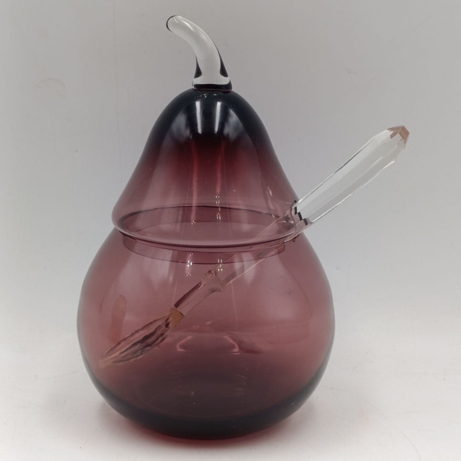 Vintage Pear shaped Amethyst glass jam jar with lid and glass spoon