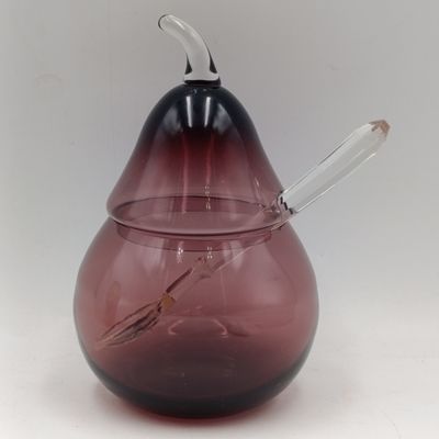 Vintage Pear shaped Amethyst glass jam jar with lid and glass spoon