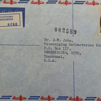 Registered postal cover from Gatooma, Rhodesia to Vereeniging, South Africa with 3 Rhodesia flower stamps cancelled 24 February 1978 - Gatooma via Salisbury to Vereeniging backstamps