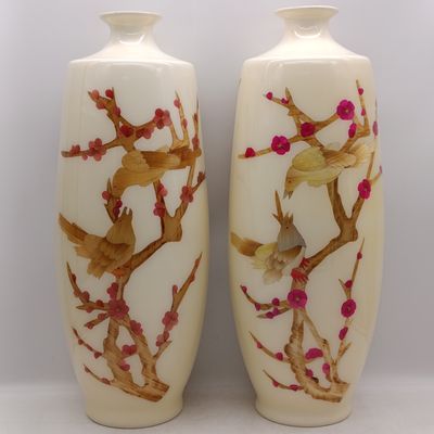 Pair of vintage Japanese 51cm Wooden inlay artwork porcelain vase - High Quality workmanship with birds on branches artwork
