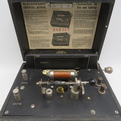 Antique Marconiphone Crystal Junior with SG Brown Type F headphones