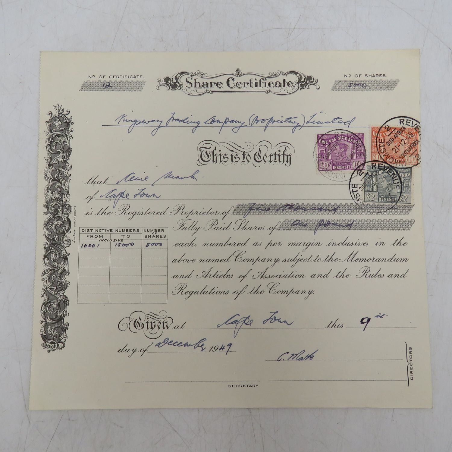 1949 Share certificate in Kingsway trading Co in favour of Cecil Mark - 3 revenue stamps