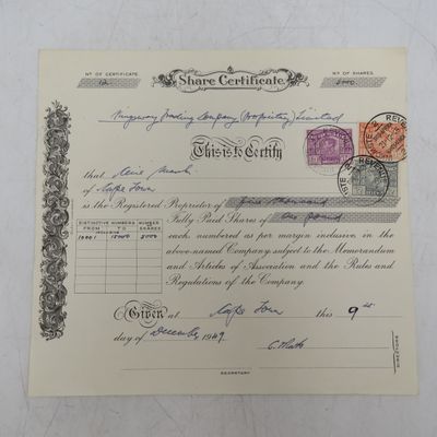 1949 Share certificate in Kingsway trading Co in favour of Cecil Mark - 3 revenue stamps
