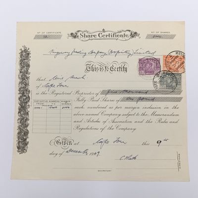 1949 Share certificate in Kingsway trading Co in favour of Cecil Mark - 3 revenue stamps
