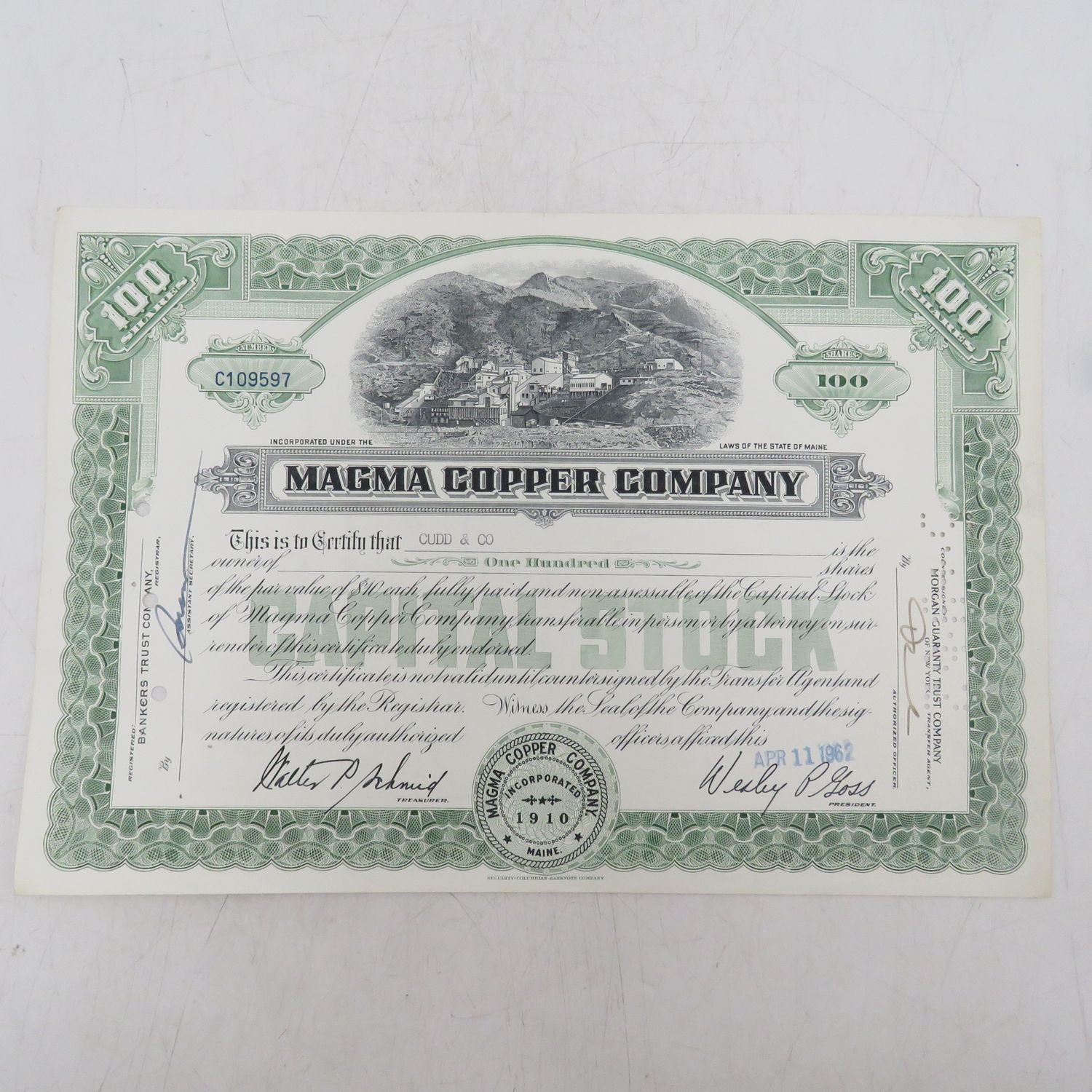 Share Certificate 1962 in Magma Copper Company in favour of Cudd and co.